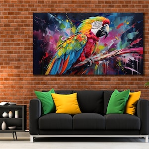 Parrot Oil Painting, Canvas Wall Art, Animals Wall Decor, Dining Room Decor, Print Picture for Home, Large Poster, Colorful Birds Artwork