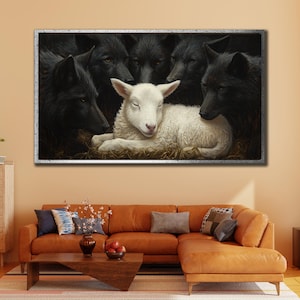 Lamb Frame Canvas Print, Wolf Painting On Canvas, Wolf and Lamb Wall Art, Animal Wall Art, Modern Painting Artwork, White Lamb Poster