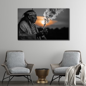 Native Warrior Canvas Art Print, Ethnic Wall Art, Spirit&Manl Painting, Native Indian Man Poster, Colorful Canvas, Ethnic Livingroom Decor