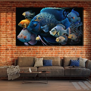 Tropical Fish Canvas Wall Art,  Colorful Fish Wall Decor, Dining Room Decor, Print Picture for Home, Extra Large Poster, Koi Fish Artwork
