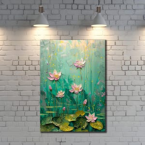 Pink Lotus Painting on Canvas, Water Lily Canvas Art, Ready to Hang Canvas, Lotus Flower Wall Decor, Nature Poster, Botanical Poster Art