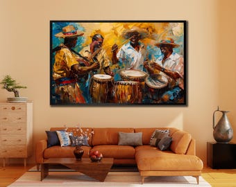 May include: A framed oil painting depicts a musical ensemble. Four figures in hats play instruments, including drums and a stringed instrument. The artwork features a vibrant color palette of yellow, blue, and brown, creating a lively and energetic scene.