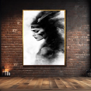 Native Warrior Canvas Art, Ethnic Wall Art, Spirit&Girl Painting, Native Indian Woman Poster, Tribal Canvas, Framed Print Art,Home Decor