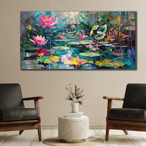 Pink Lotus Painting on Canvas, Water Lily Canvas Art, Ready to Hang Canvas, Lotus Flower Wall Decor, Nature Poster, Botanical Poster Art