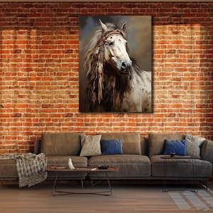 May include: A white horse with a feathered headdress and a spotted coat stands against a brick wall. The horse is looking to the right of the image. The horse is framed by a canvas.