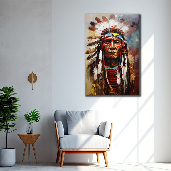 Native Warrior Canvas Art Print, Ethnic Wall Art, American Indian Painting, Native Indian Man Poster, Wall Hanging, Livingroom Decor