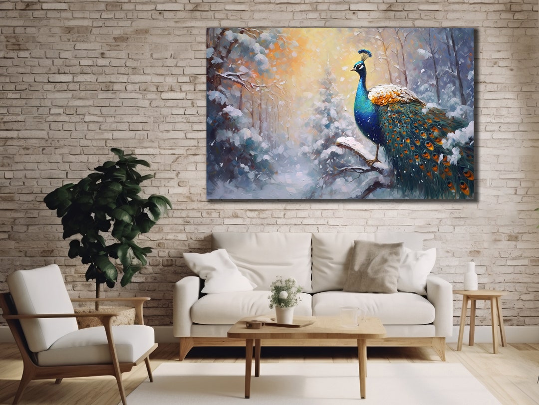 Blue Peacock Oil Painting, Peacock Wall Art, Animals Wall Decor, Dining