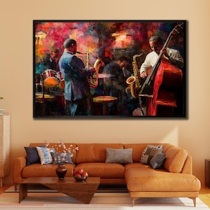 Music Frame Canvas Print, Jazz Band Painting On Canvas, Retro Jazz Wall Art, Music Wall Art, instrument Painting Artwork, Colorful Poster