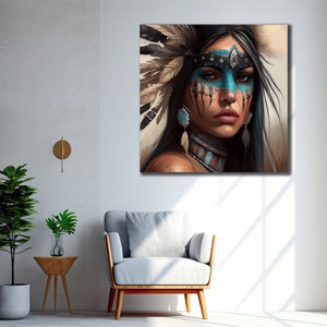 Native Warrior Canvas Art Print, Ethnic Wall Art,  Spirit&Girl Painting, Native Indian Woman Poster, Wall Hanging, Ethnic Livingroom Decor