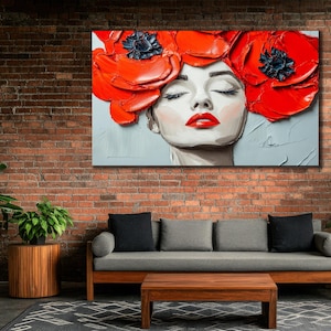 Retrato de mujer con cabeza de flores, lienzo de flores rojas, póster de rosas, impresión artística de pared de niña, pintura de lienzo de flores, impresión artística de lienzo de rostro de mujer