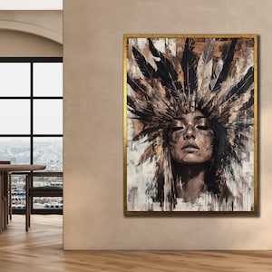 Native Warrior Canvas Art Print, Ethnic Wall Art, Spirit&Girl Painting, Native Indian Woman Poster, Wall Hanging, Ethnic Livingroom Decor