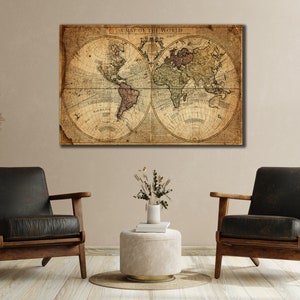 Vintage Weltkarte Kunst Leinwand, Alte Weltkarte, Alte Weltkarte Kunst Leinwand, Vintage Karte Leinwandkunst, Alte Karte Leinwandkunst, fertig zum Aufhängen