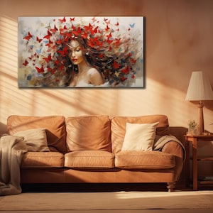 Woman with Butterfly Hair Wall Art, Butterfly Woman Canvas Print, Livingroom Wall Decor, Print Picture for Home, Abstract Woman Poster