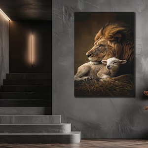Lion&Lamb Printing Canvas, Lion Wall Art, Animals Wall Decor, Animal Head Poster, Ready To Hang Print, Lion Canvas Art, Religious Wall Decor