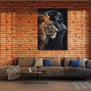 Abstract Lion Printing Canvas, Lion Wall Art, African Safari Wall Decor, Wild Animal Poster, Ready To Hang, Couple Lion Canvas Art