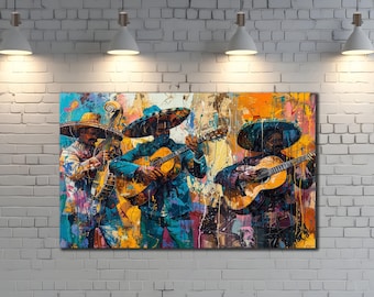 May include: An abstract painting depicts three mariachi musicians playing instruments. The musicians wear traditional attire, including sombreros and colorful jackets. The background features a vibrant mix of colors, including blue, orange, and yellow.