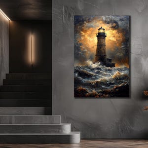 Lighthouse Oil Painting, Canvas Wall Art, Sea Wall Decor, Dining Room Decor, Print Picture for Home, Lighthouse Poster,Stormy Lighthouse Art