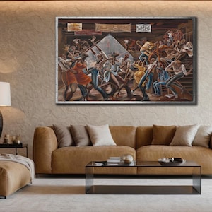 Puede incluir: Una obra de arte enmarcada que representa una escena animada de personas bailando y tocando música en un espacio con poca luz. La obra presenta figuras en varias poses, con un enfoque en el movimiento y la energía. La paleta de colores incluye tonos cálidos.