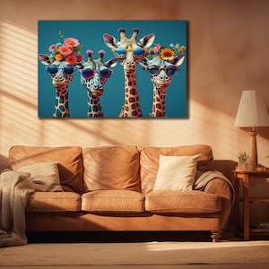 Giraffe mit Gläsern Leinwand Kunst, lustige Giraffe Malerei, Bauernhof Tier Wanddekor, Giraffe Baby Poster, Druckbild für Bauer, Wandkunst