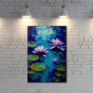 Pink Lotus Painting on Canvas, Water Lily Canvas Art, Ready to Hang Canvas, Lotus Flower Wall Decor, Nature Poster, Botanical Poster Artwork