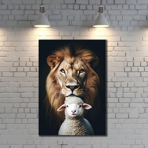 Lion&Lamb Printing Canvas, Lion Wall Art, Animals Wall Decor, Animal Head Poster, Ready To Hang Print, Lion Canvas Art, Religious Wall Decor
