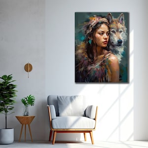 Native warrior Leinwand Kunstdruck, Wölfe Wandbild, Wolf Spirit&Girl Malerei, Indianerin Poster, Wandbehang, Wohnzimmer Dekor
