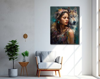 Native Woman & Wolf Canvas Art Print, Living Room Decor