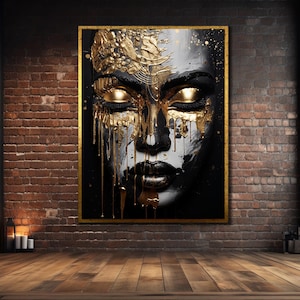 Black Woman Printed Canvas, Gold Woman Wall Art, African Girl Wall Decor, African Woman Poster, Ready To Hang Print, Golden Women Canvas Art
