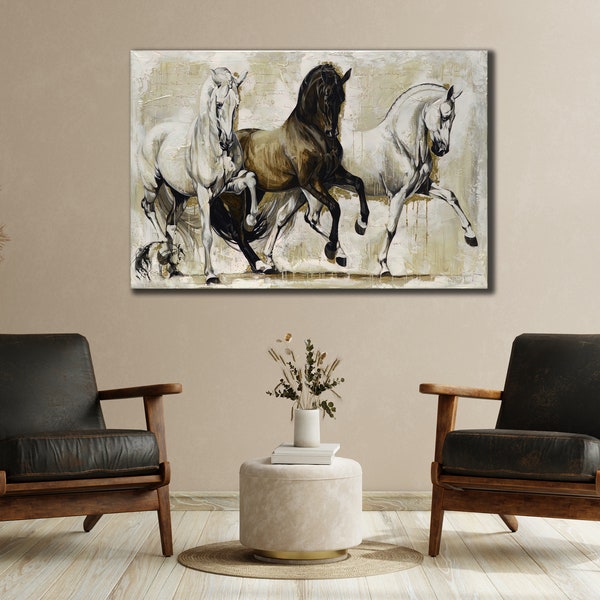Horses Canvas Print Art, Vintage Horse Painting Canvas, Farm Animal Wall Decor, Dining Room Decor, Print Picture for Farmer, Wall Hanging