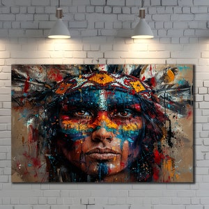 Native Warrior Canvas Art Print, Ethnic Wall Art, Spirit&Girl Painting, Native Indian Woman Poster, Colorful Canvas, Ethnic Livingroom Decor