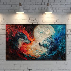 Wolf Canvas Wall Art, Animal Wall Decor, Dining Room Decor, Print Picture for Home, Colorful Wolf Poster, Fire and Ice Wolves Print Canvas
