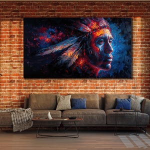 Native Warrior Canvas Art Print, Ethnic Wall Art, Spirit&Manl Painting, Native Indian Man Poster, Colorful Canvas, Ethnic Livingroom Decor