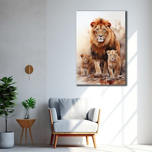 Abstract Lion Printing Canvas, Lion Family Wall Art, Animal Wall Decor, Animal Head Poster, Ready To Hang Print, Brown&White Lion Canvas Art