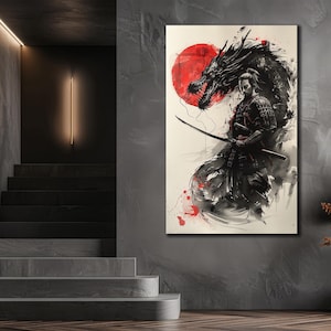 Chinese Dragon Art Print Canvas, Traditional Dragon Wall Art, Samurai Canvas On Painting, Mythological Wall Decor,  Zen Dragon Home Decor