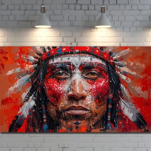 Native Warrior Canvas Art Print, Ethnic Wall Art, Spirit&Manl Painting, Native Indian Man Poster, Colorful Canvas, Ethnic Livingroom Decor