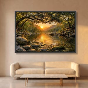 穏やかな川の夕日キャンバス、黄金の光の風景壁画、森の反射の素朴な装飾
