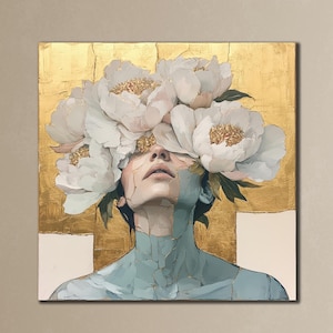 Woman with Flowers Head Canvas, Painting on Canvas, Elegant Roses Wall Decor, Girl Wall Art Print, Flower Canvas Painting,Woman Canvas Print