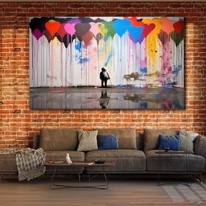 Graffiti Heart Canvas Painting Art, Children Looking at Heart,Colorful Wall Decor, Modern Canvas Print,Banksy Wall Art, Office Decoration