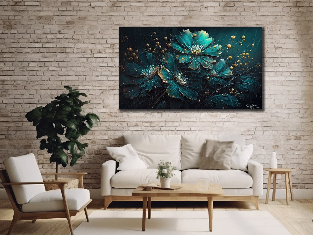 Blooming Floral Canvas Print: Elegant Teal Flower Wall Art - Etsy