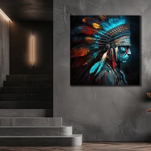 Native Warrior Canvas Art Print, Ethnic Wall Art, American Indian Man Painting, Native Indian Man Poster, Wall Hanging, Livingroom Decor