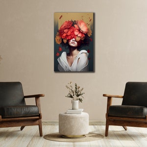 Pink Portrait Woman with Flowers Head, Woman Canvas, Roses Wall Poster, Girl Wall Art Print, Flower Canvas Painting, Woman Canvas Print