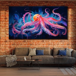 Pintura al óleo de pulpo colorido, arte de pared en lienzo, decoración de pared de animales, decoración del comedor, imagen impresa para el hogar, póster del océano de la vida marina