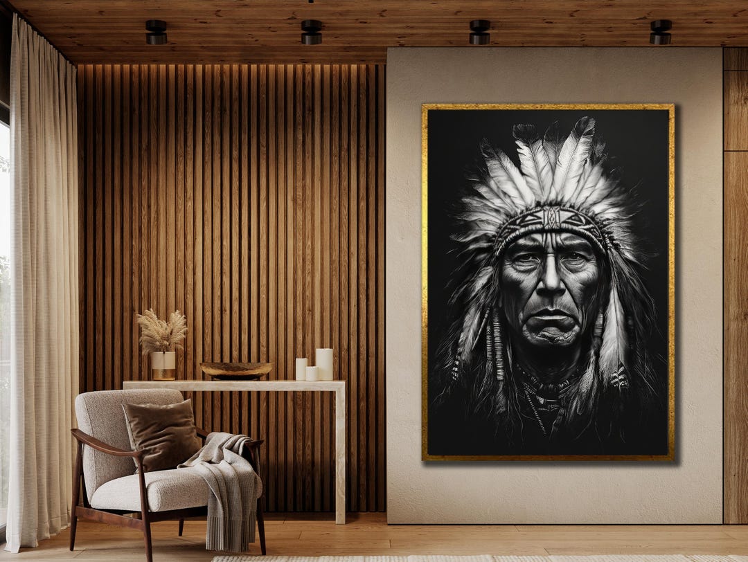 ネイティブアメリカンの戦士のキャンバスアート：部族のホームデコレーション、額入りプリント - Etsy 日本, image size:1080x812