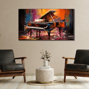 Arte de parede de piano, impressão em tela de músicos, decoração de parede colorida, decoração de sala de jantar, imagem impressa para casa, pôster de instrumentos musicais