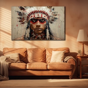 Native Warrior Canvas Art Print, Ethnic Wall Art, Spirit&Man Painting, Native Indian Man Poster, Colorful Canvas, Ethnic Livingroom Decor