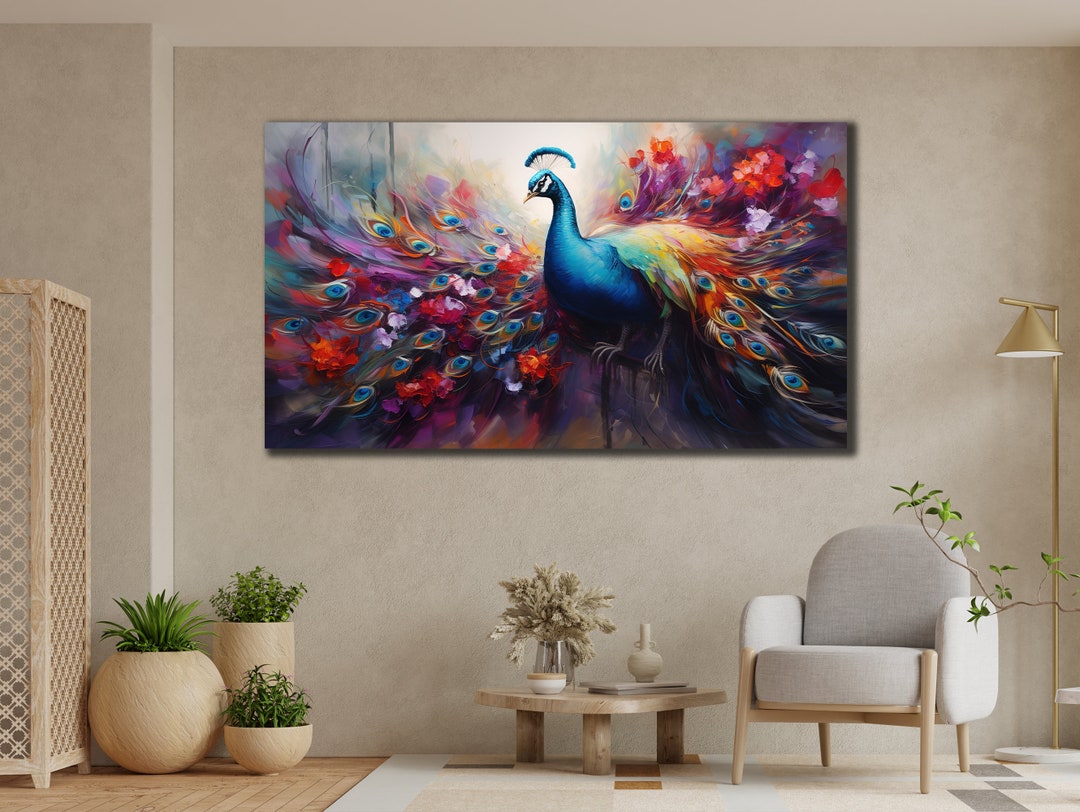 Colorful Peacock Oil Painting, Canvas Wall Art, Animals Wall Decor