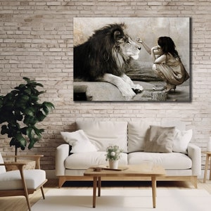 Lion and Girl Printing Canvas, Majestic Lion Wall Art, Animals Wall Decor, Animal Head Poster, Ready To Hang Print, Big Cat Painting Art