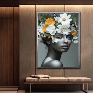 Portrait Woman with Flowers Head Canvas, Roses Wall Poster, Black Girl Wall Art Print, Flower Canvas Painting,Abstract Flower Woman Wall Art