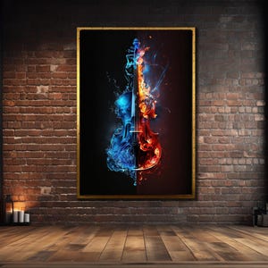 Violin Canvas Wall Art, Music Frame Print, Water&Fire Violin Wall Decor, Violinist Canvas Gift, Musical Instruments Poster, Framed Canvas