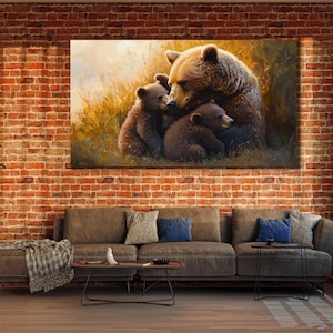 Grizzly Bear Wall Art, Animals Wall Decor, Bear Family Canvas, Print Picture for Home, Bear Baby Poster Print Art, Family Bears Artwork